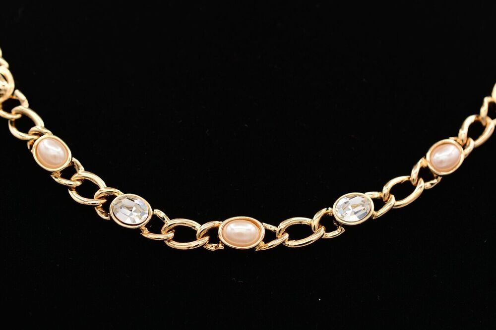 Vintage Collar Necklace Gold Rhinestone Crystal Faux Pearl Chain Heavy Y2K 9J